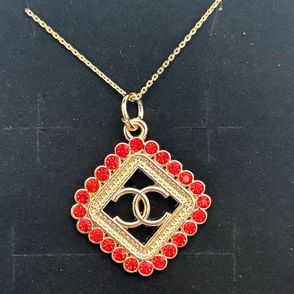 CC Chanel Gold & Red Rhinestone Charm, Zipper Pull, Upcycled Necklace 16 in.